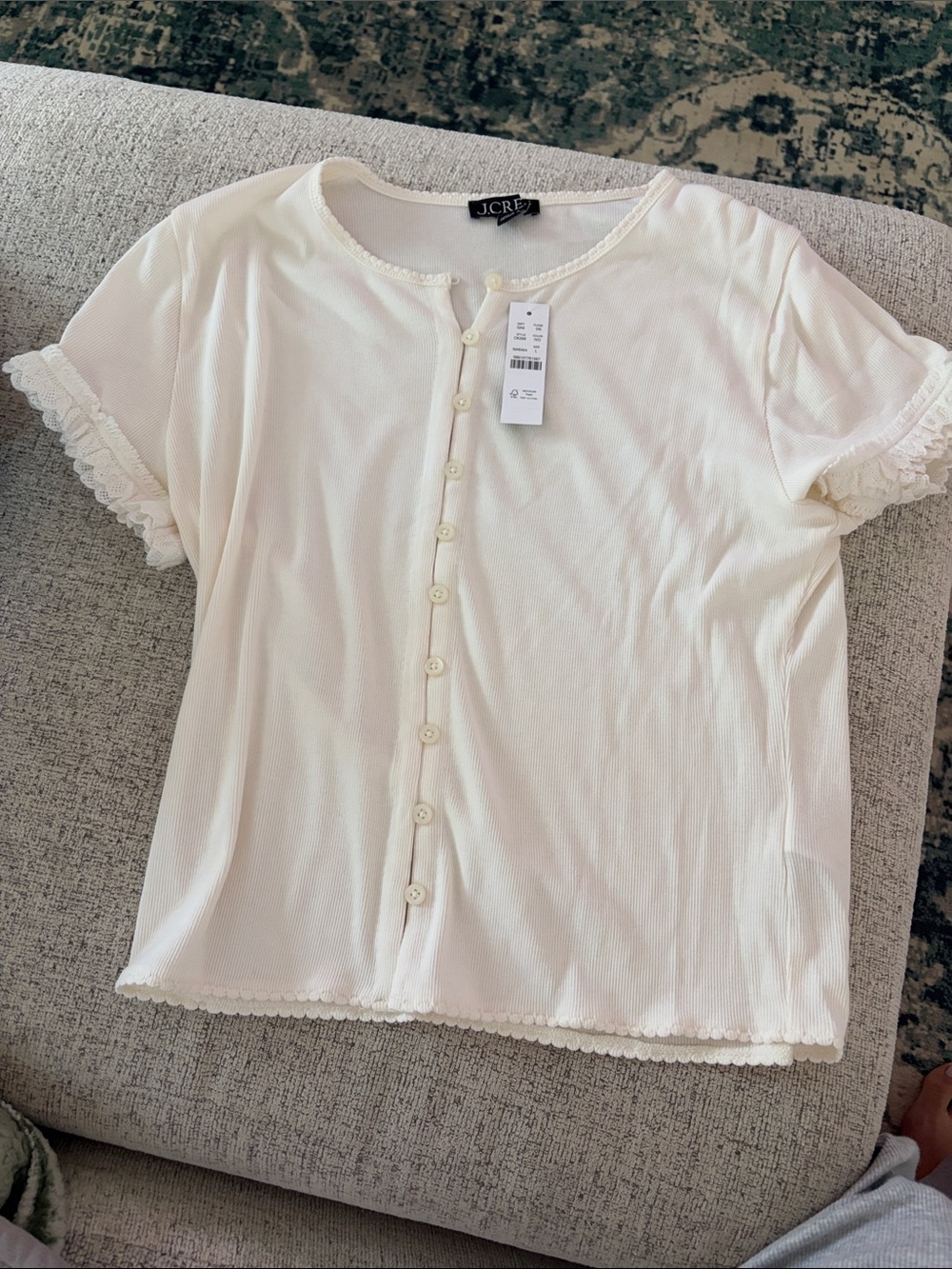 J. Crew Cream Button-Front Short Sleeve Top with Lace Trim